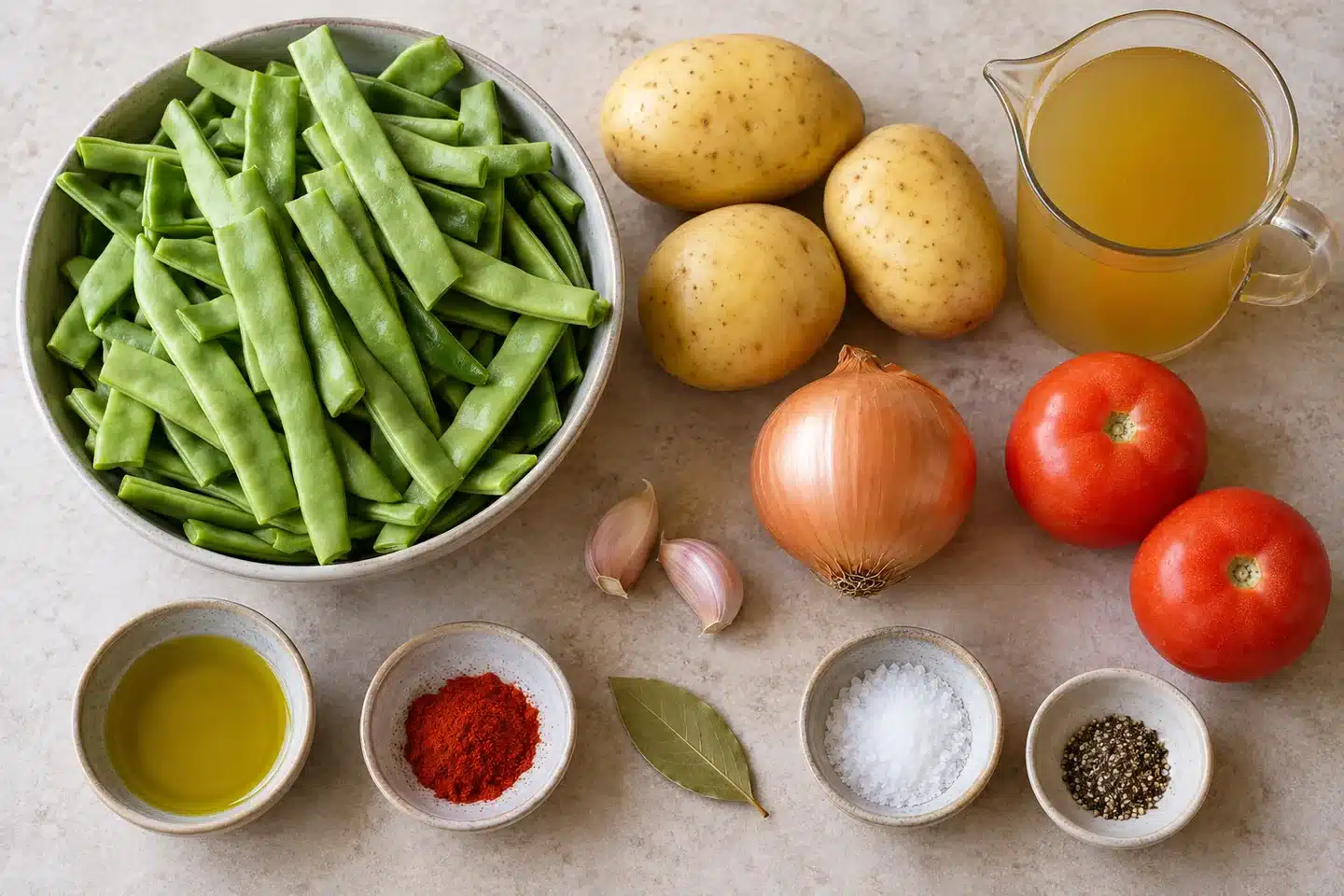 Judías verdes con patatas de la abuela Judías verdes, patatas, cebolla, ajo, tomates, caldo, laurel, aceite y pimentón