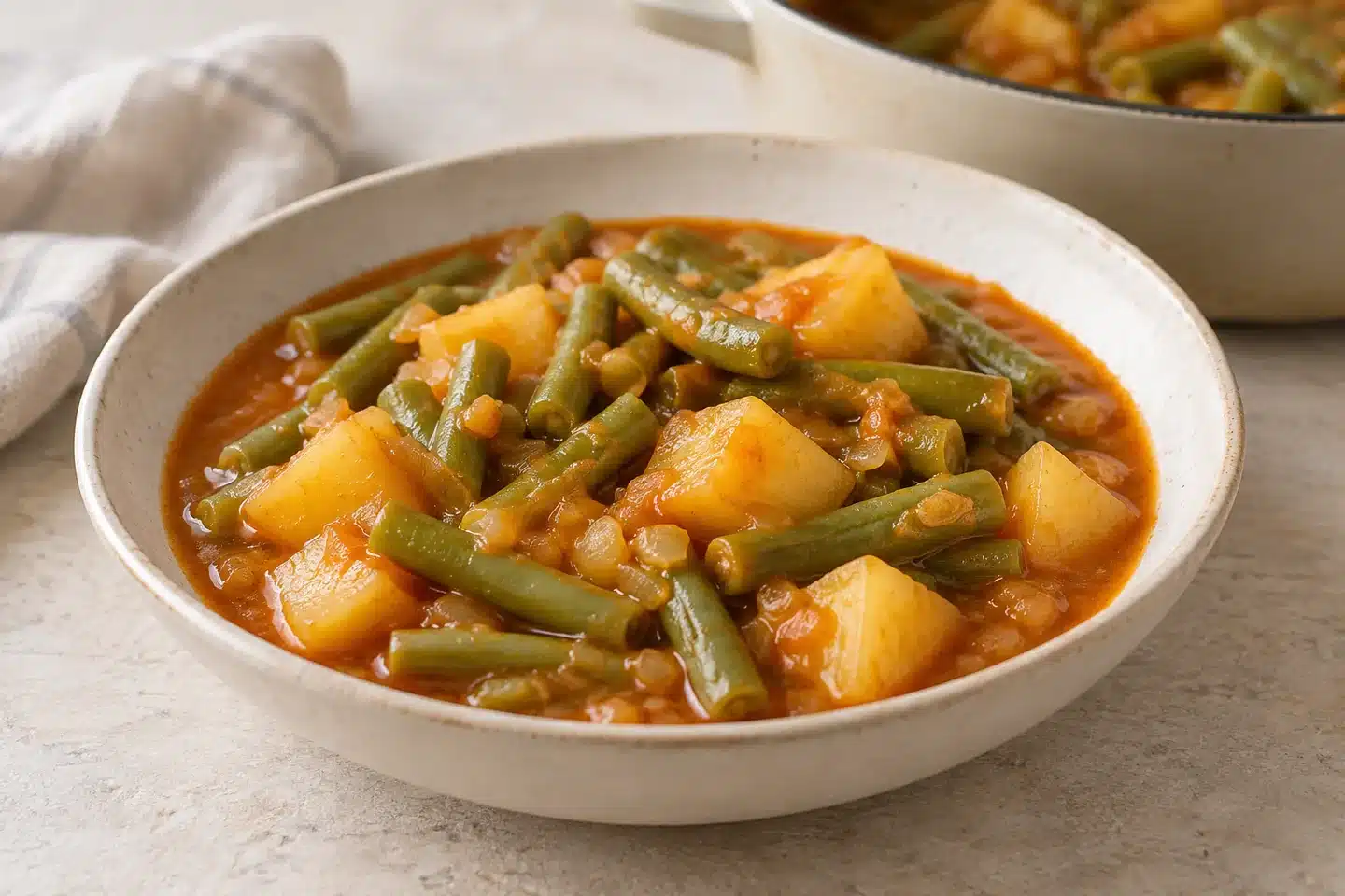 Judías verdes con patatas de la abuela Ración de judías verdes con patatas y caldo ligado con el sofrito