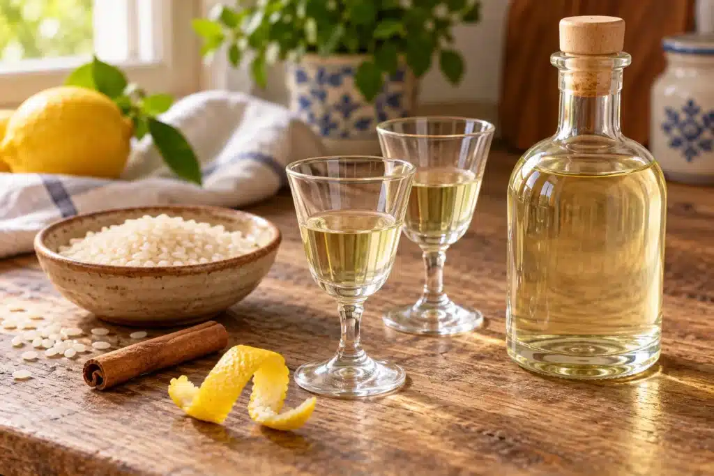 Licor de arroz filtrado de color pajizo en copas pequeñas, junto a arroz, canela y limón