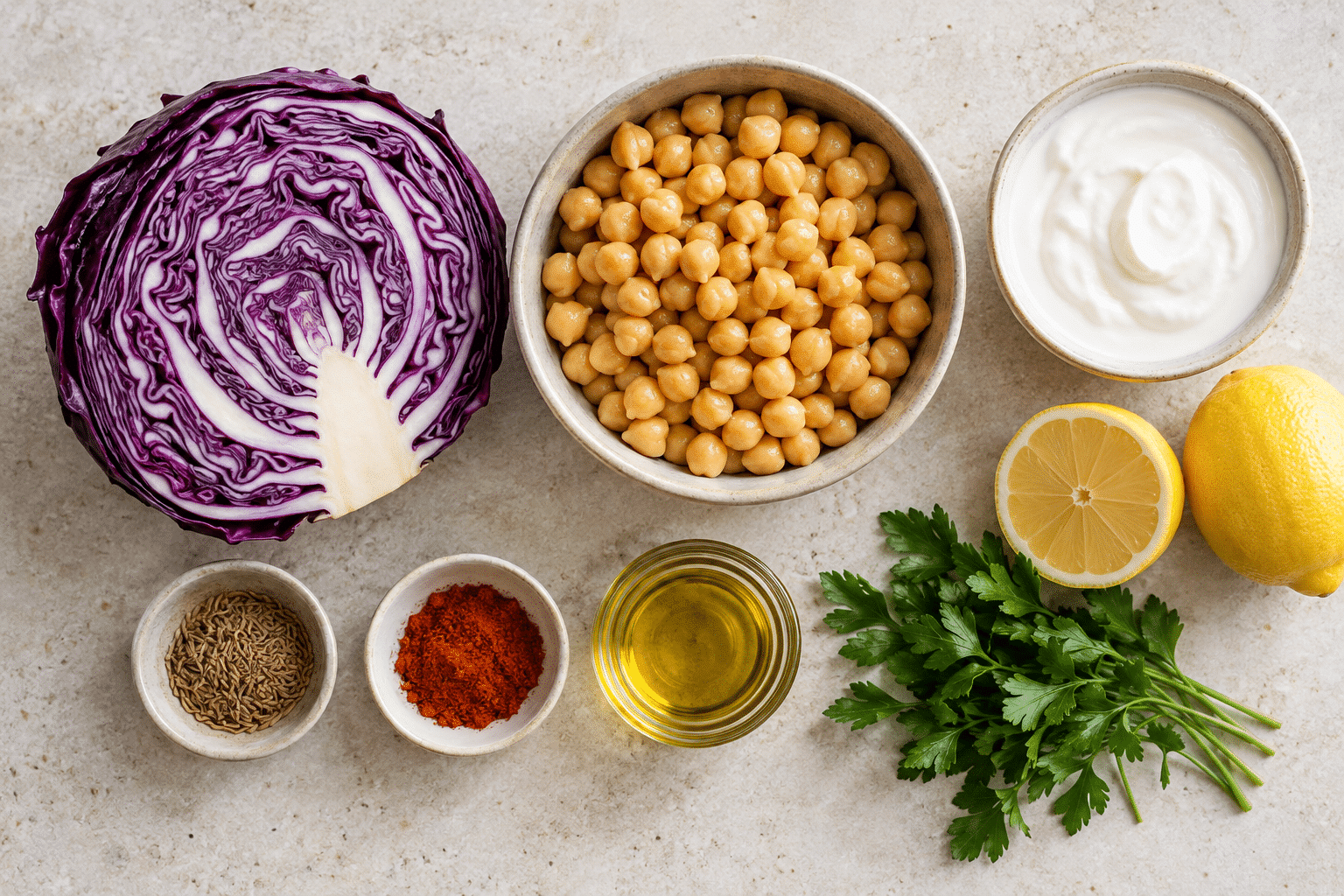 Ingredientes para lombarda asada con garbanzos y salsa de yogur