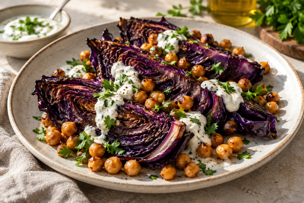 Gajos de lombarda asada con garbanzos y salsa de yogur