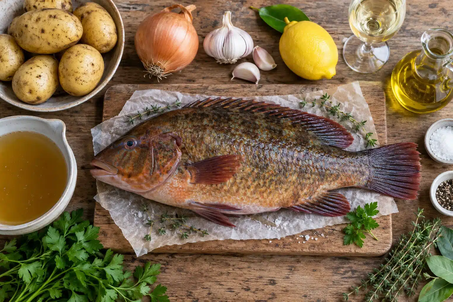 Maragota, patatas y cebolla para el horno