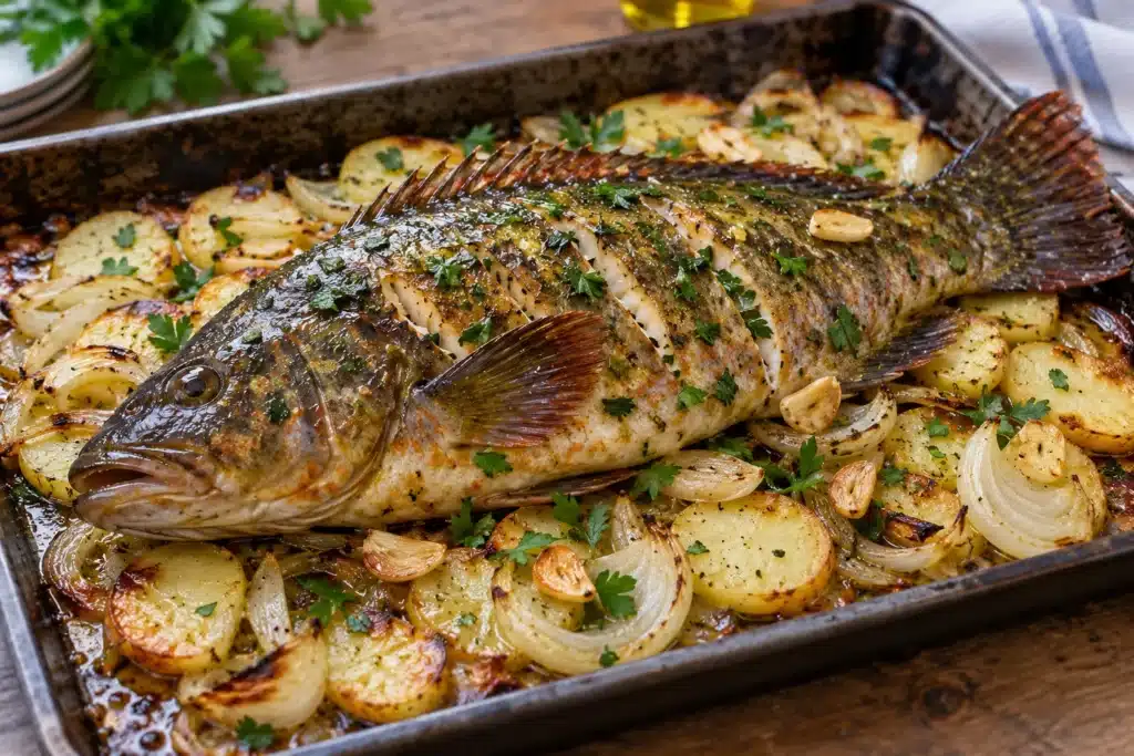 Maragota al horno sobre patatas y cebolla