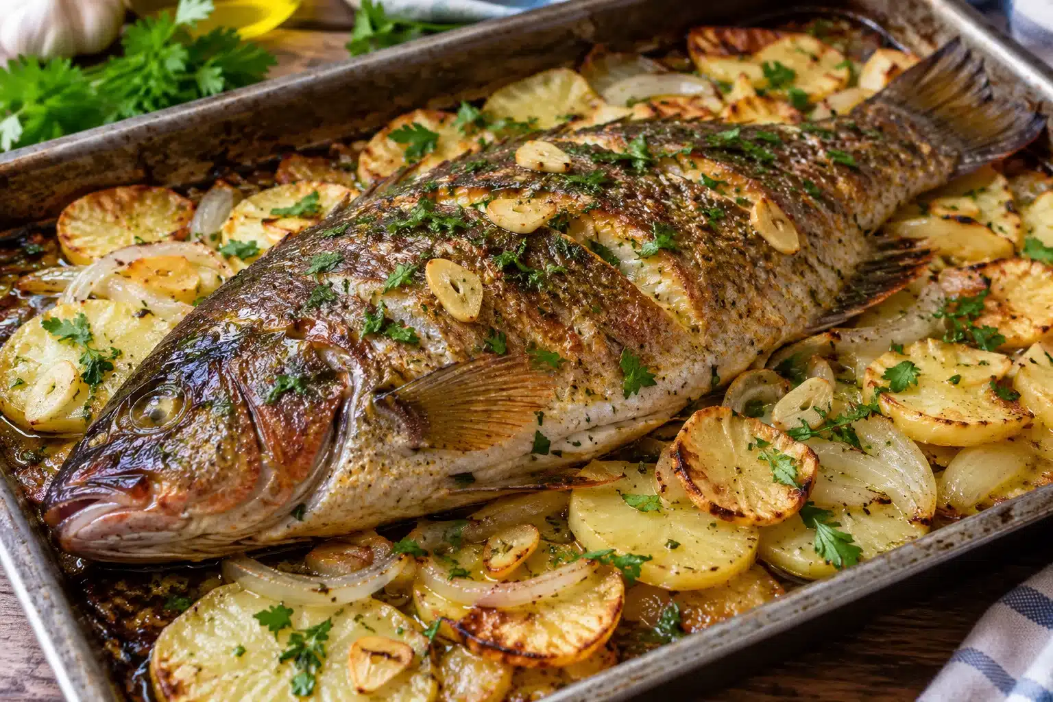 Maragota al horno sobre patatas y cebolla