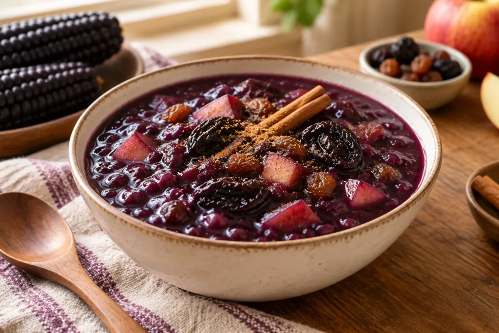 Mazamorra morada con fruta y canela