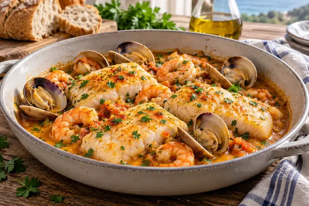 Merluza a la marinera con almejas y gambas