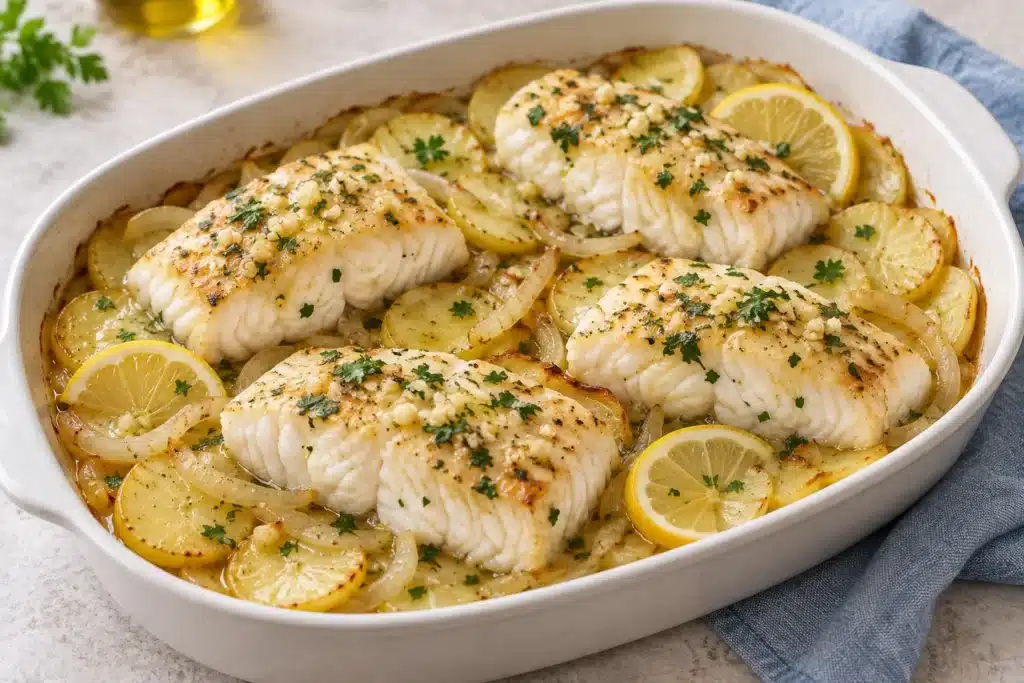 Merluza al horno con patatas y cebolla, servida en una fuente