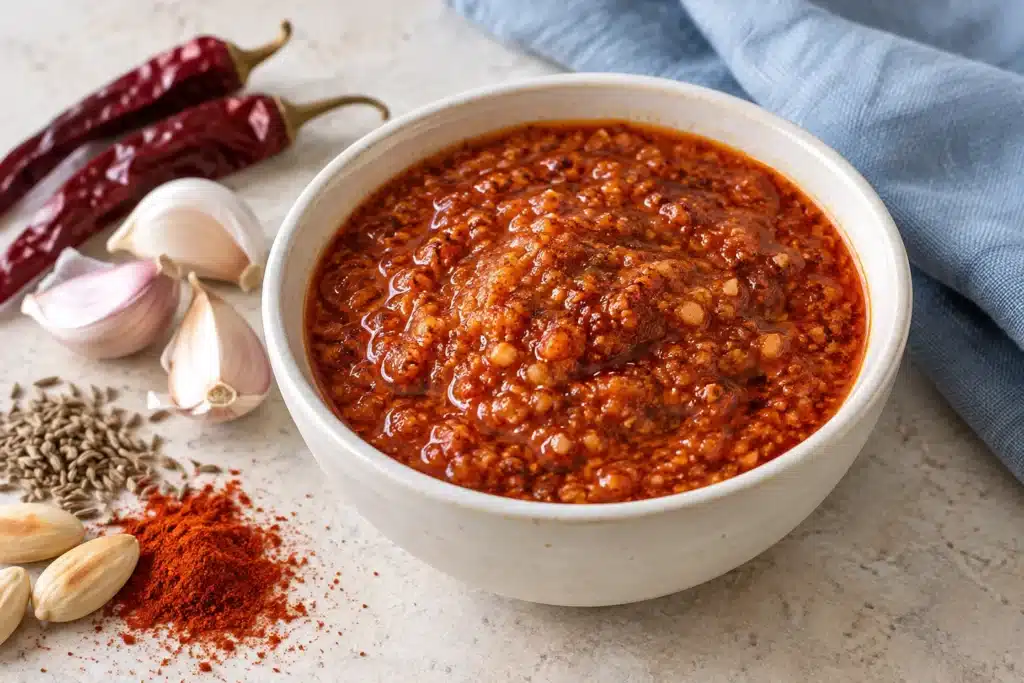 Mojo picón rojo canario en cuenco con su textura de ajo y especias