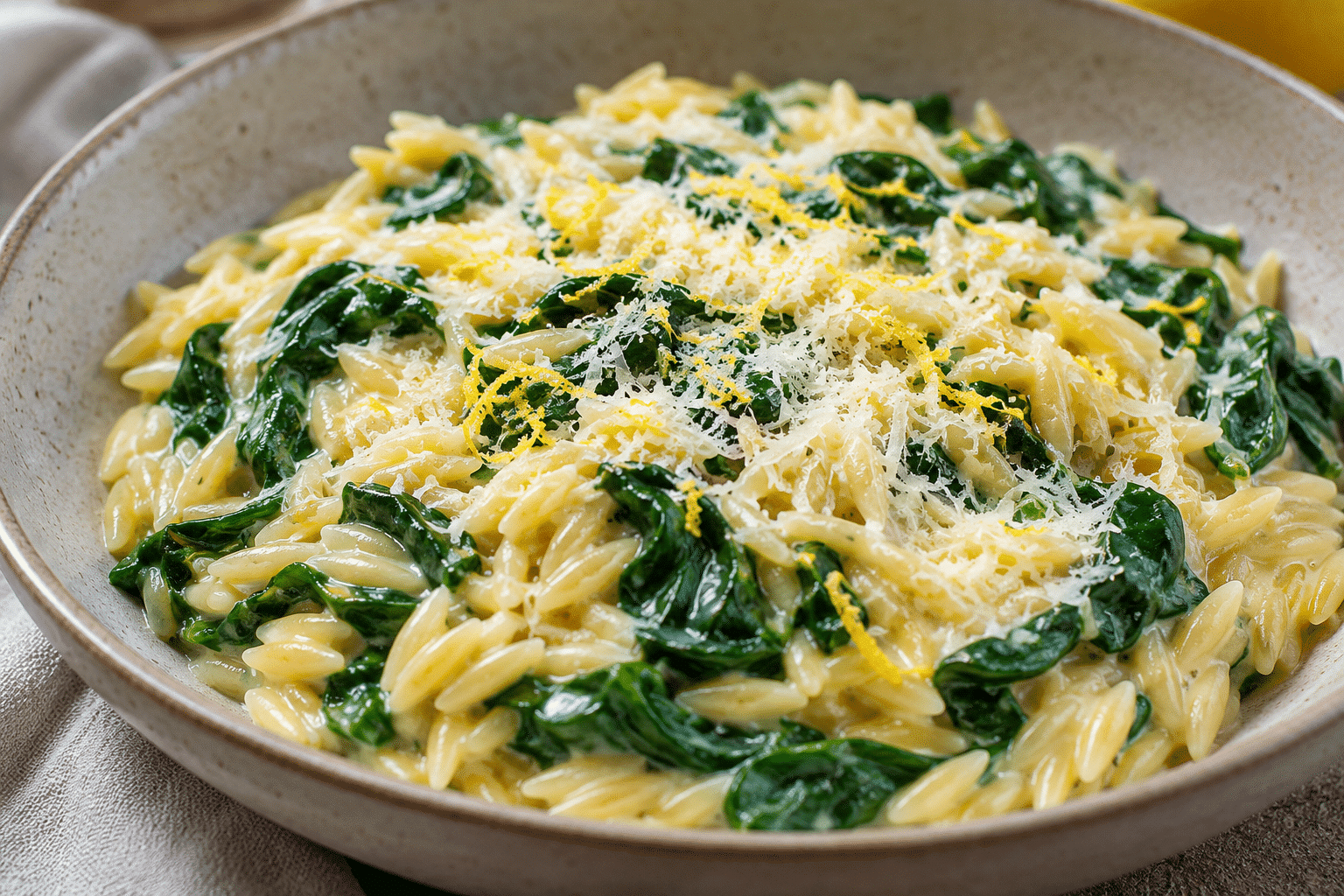 Orzo con espinacas y limón, cremoso sin nata al terminar la preparación