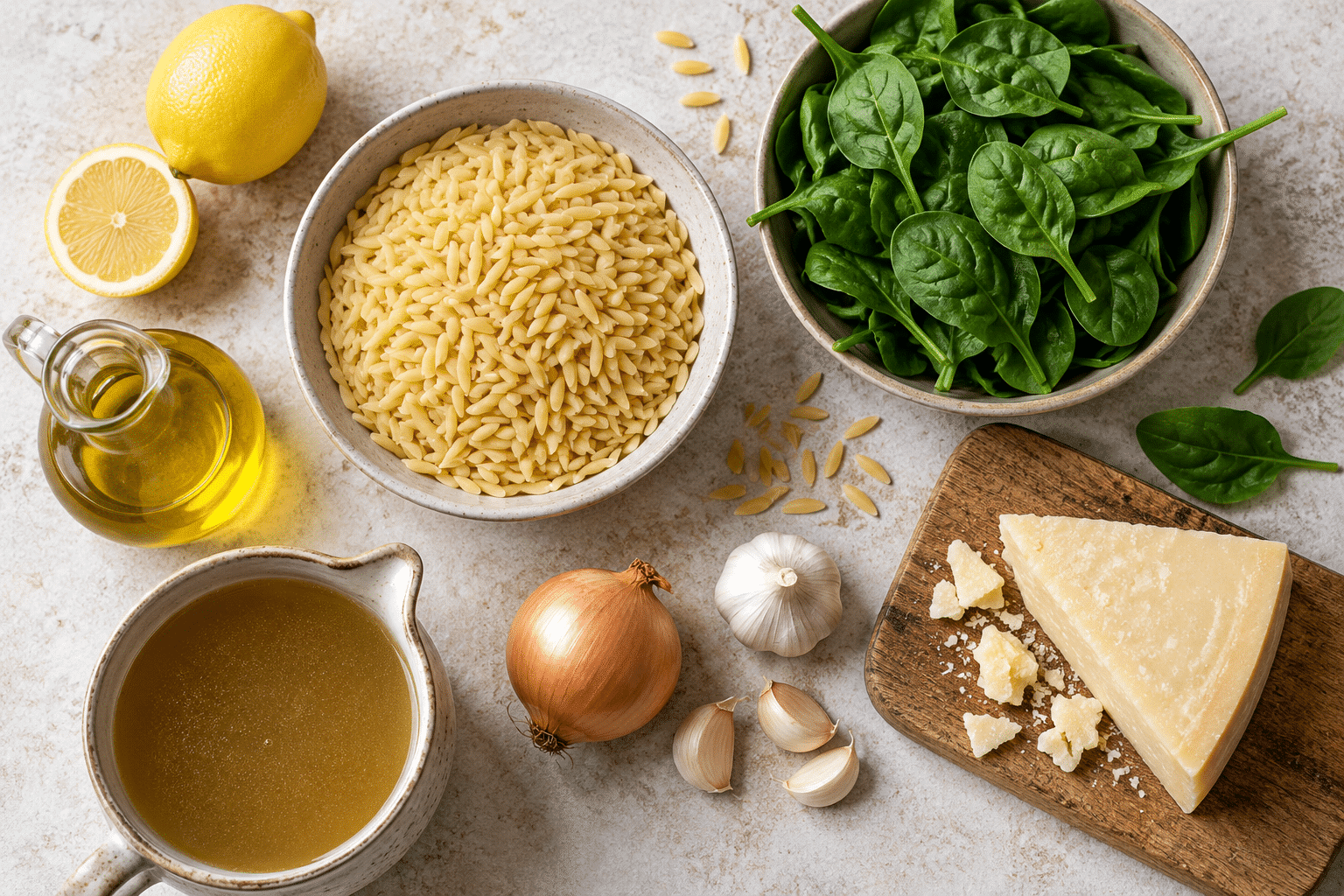 Ingredientes para orzo con espinacas y limón, cremoso sin nata