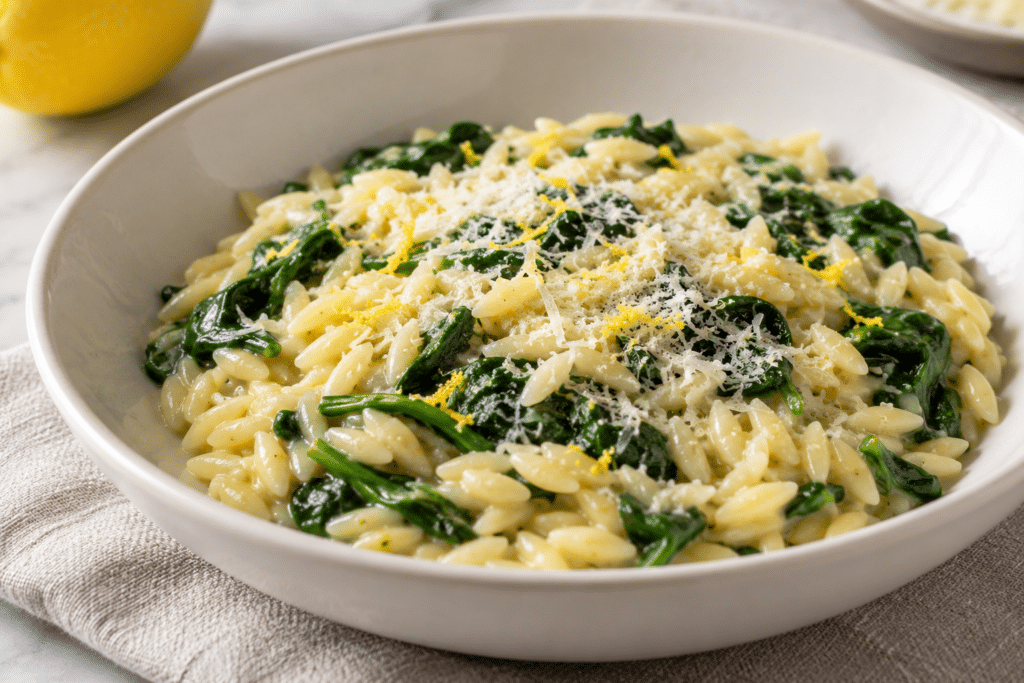 Orzo con espinacas y limón, cremoso sin nata