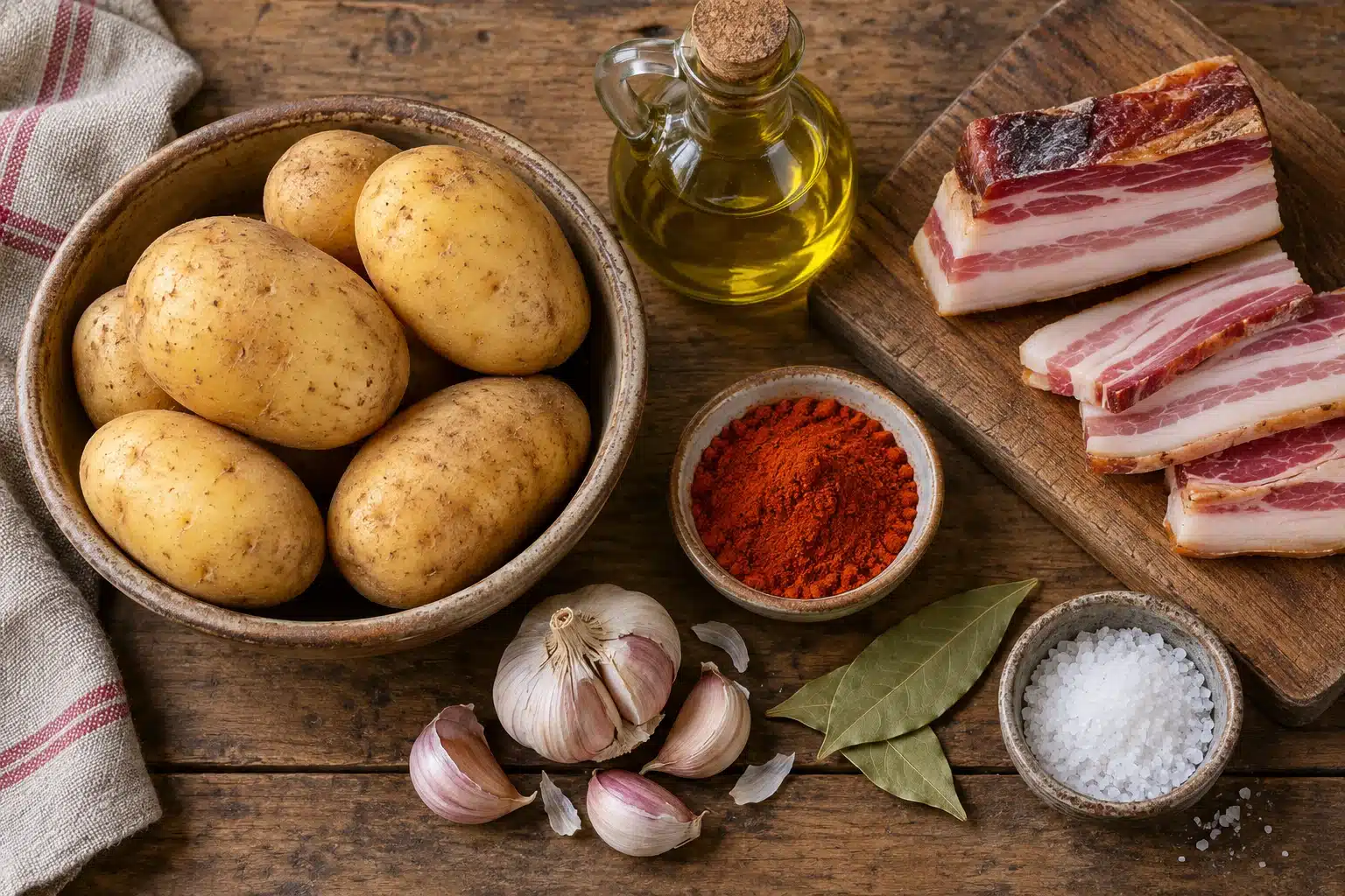 Patatas, panceta, ajo y pimentón