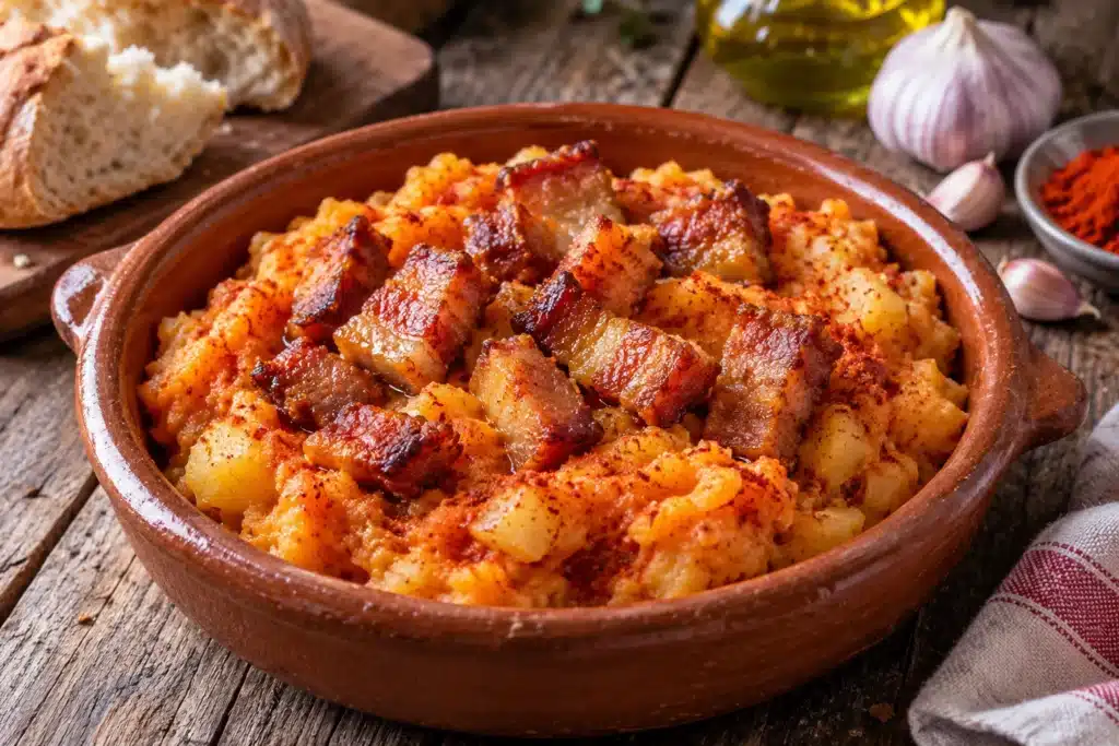 Patatas revolconas con panceta dorada