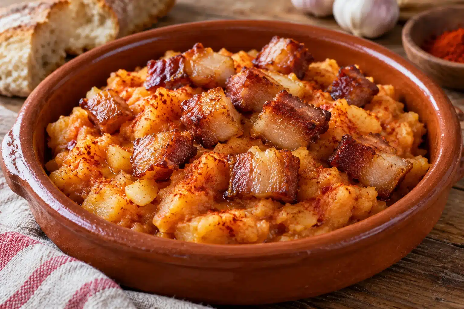 Patatas revolconas con panceta dorada