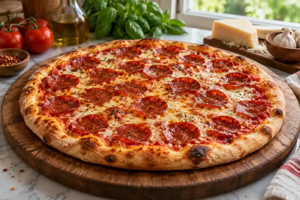 Pizza de pepperoni con mozzarella y borde dorado