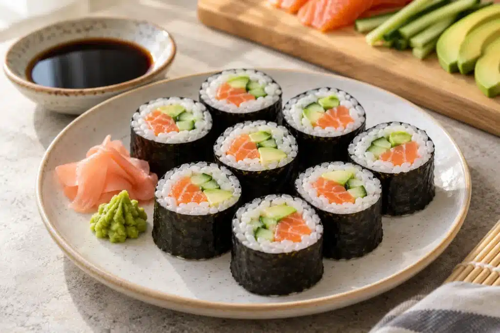 Maki sushi de salmón, pepino y aguacate
