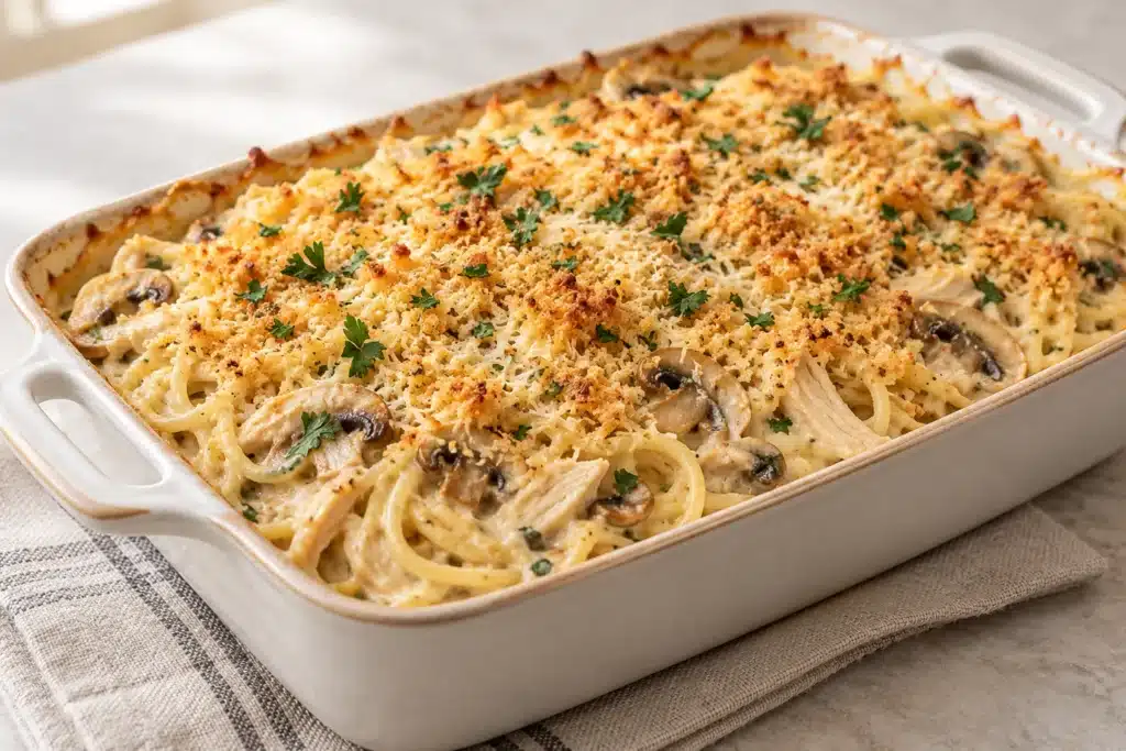 Pollo Tetrazzini con pasta listo para servir
