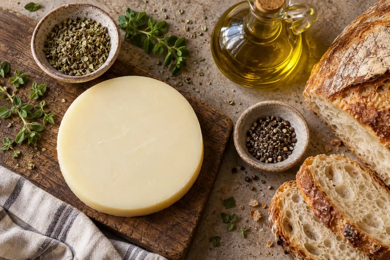 Provolone, orégano y pan para acompañar