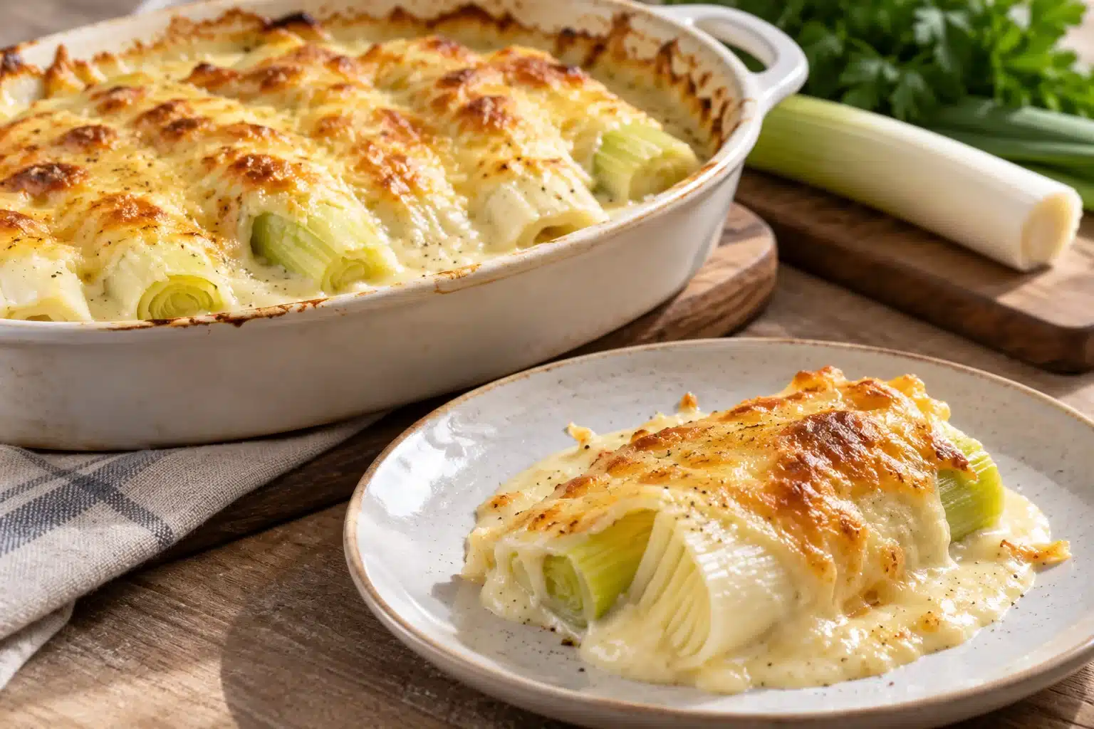 puerros gratinados con bechamel al terminar la preparación
