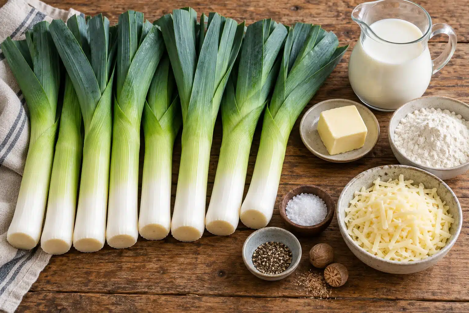 Ingredientes para puerros gratinados con bechamel
