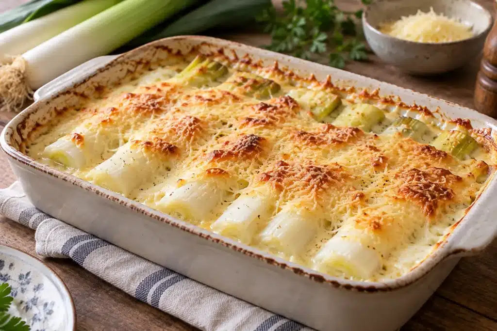 puerros gratinados con bechamel servido