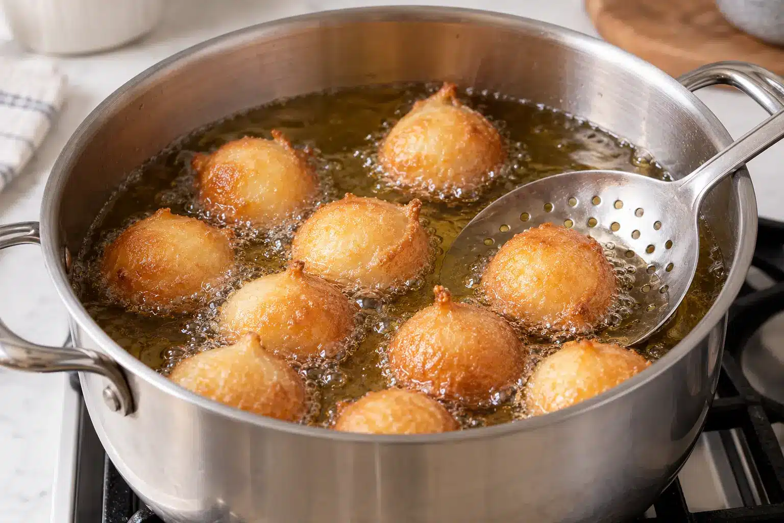 Buñuelos de viento dorándose en aceite