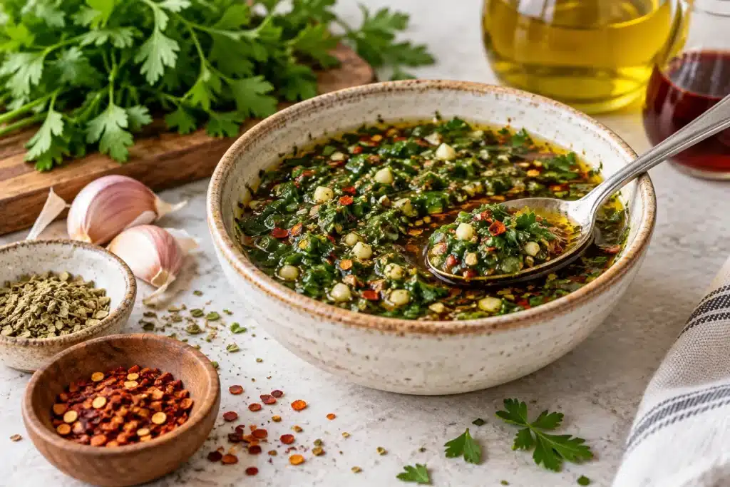 Chimichurri argentino listo para servir