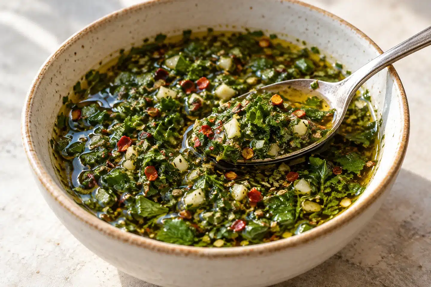 Detalle de chimichurri argentino terminado