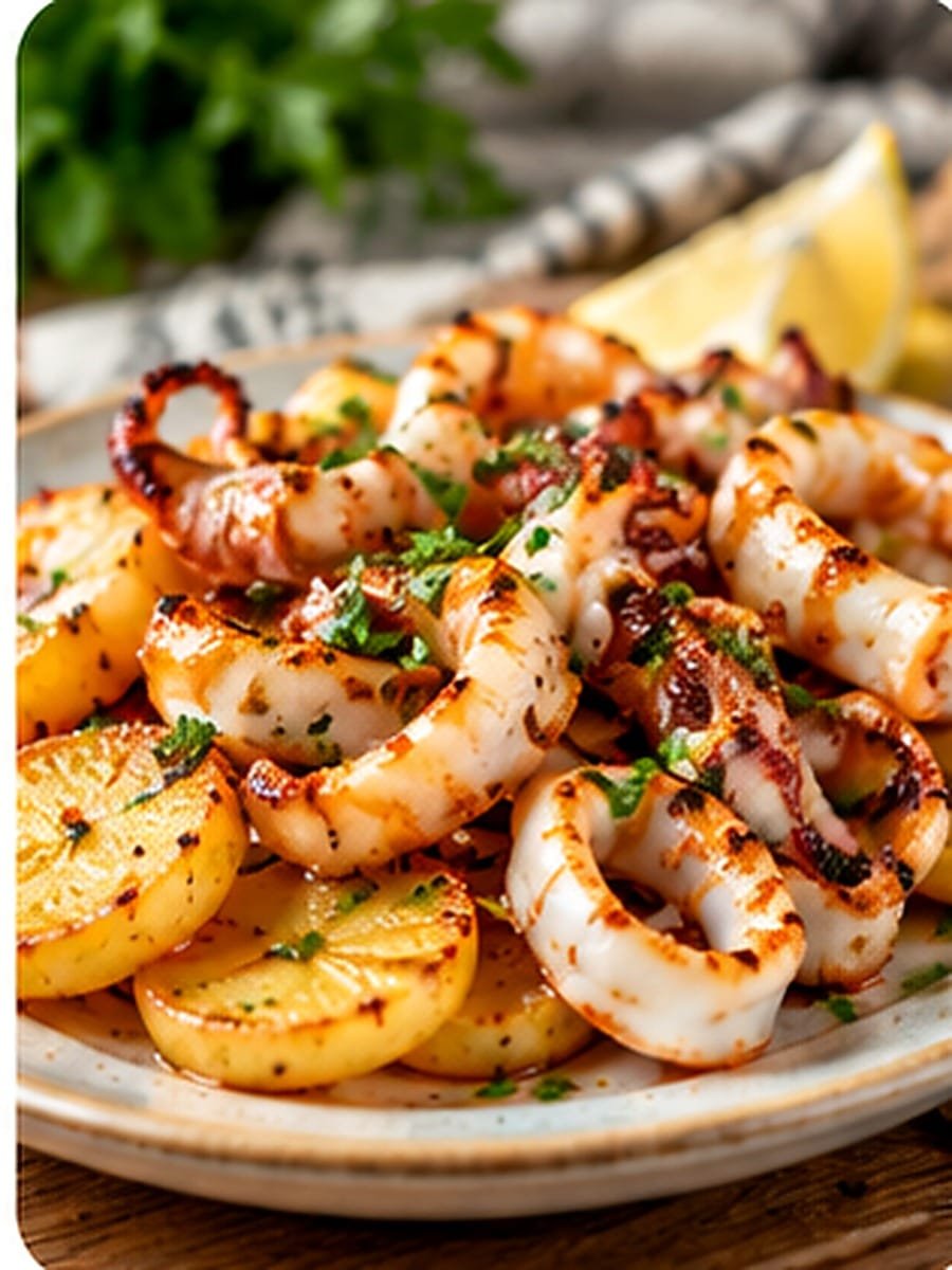 Calamares a la plancha con patatas y perejil