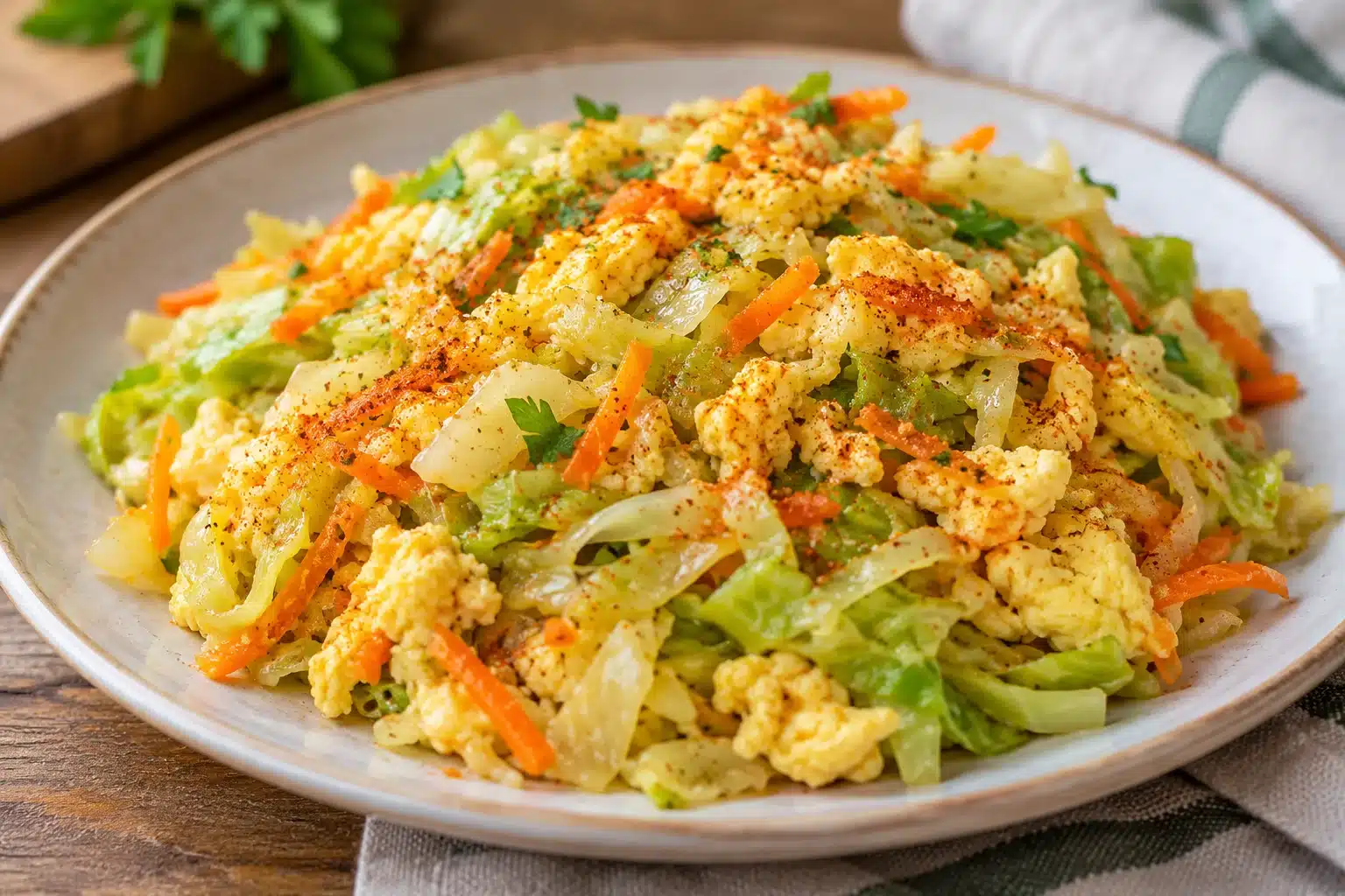 repollo salteado con huevo al terminar la preparación
