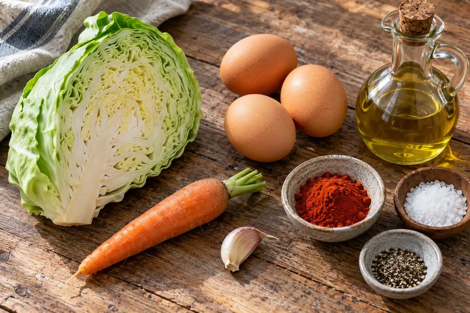 Ingredientes para repollo salteado con huevo