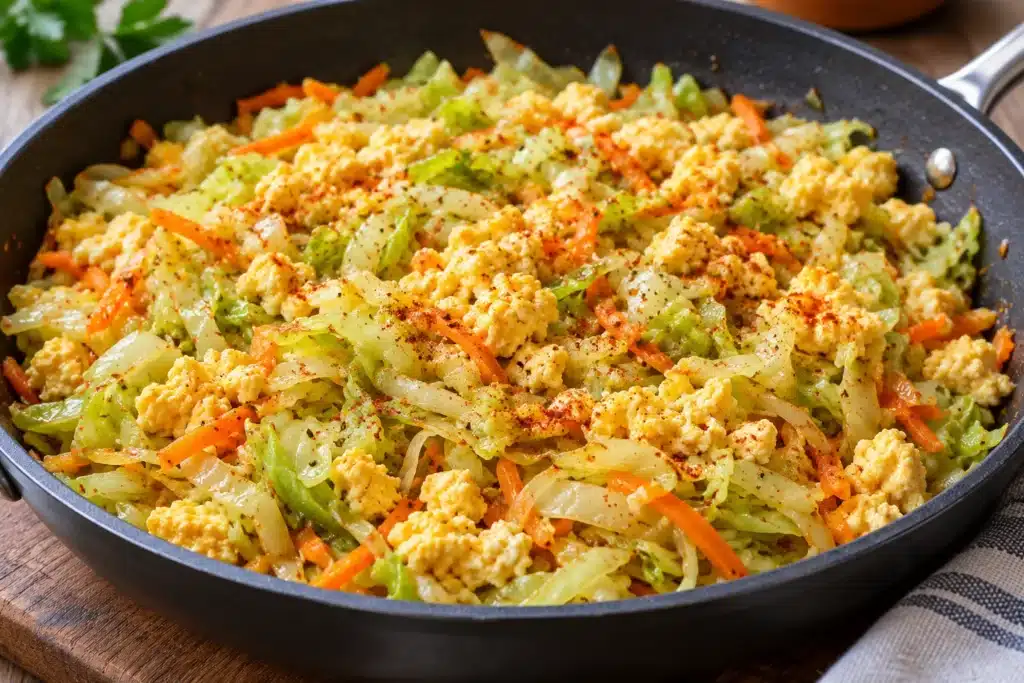 repollo salteado con huevo servido