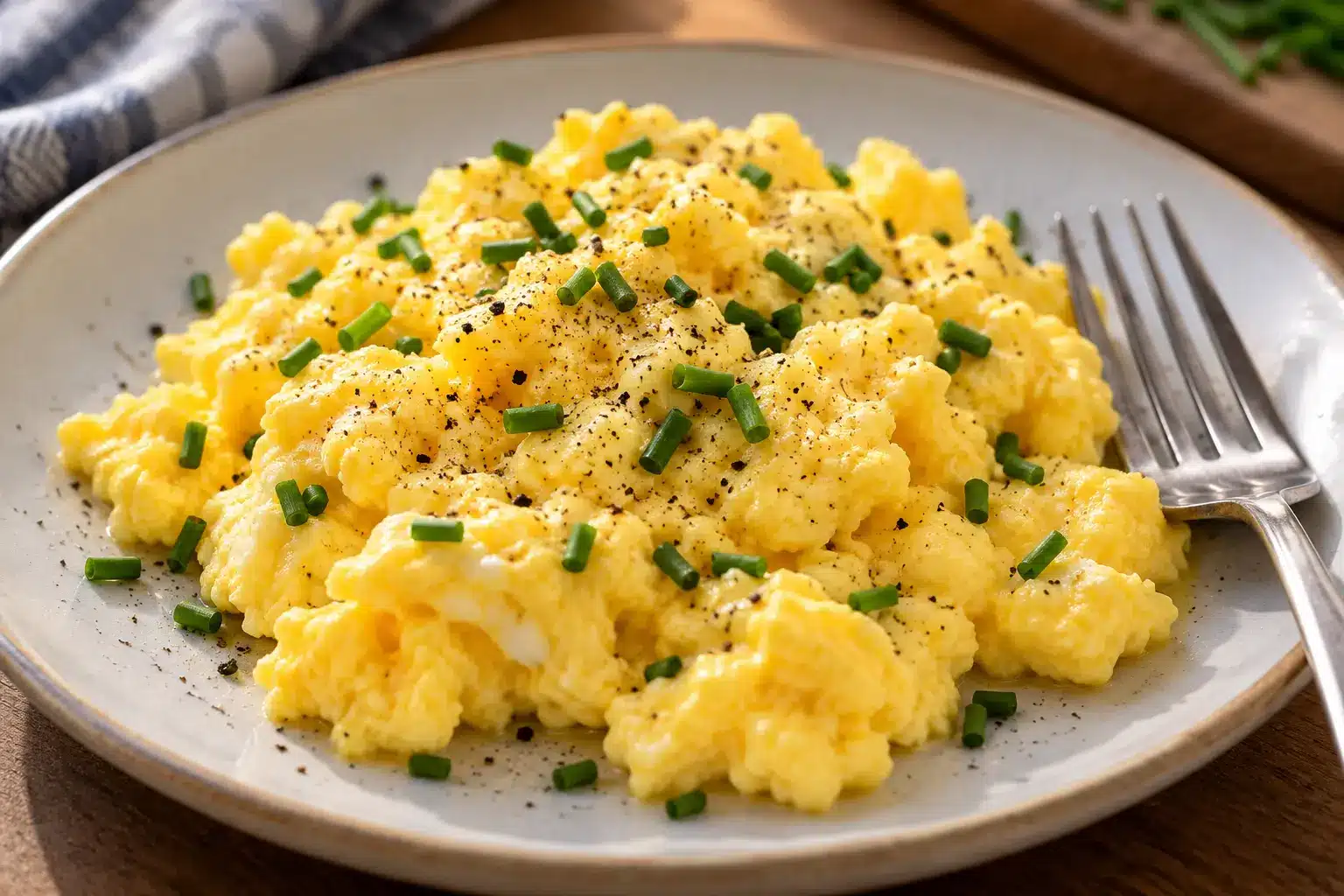 Ración de huevos revueltos con pimienta y cebollino