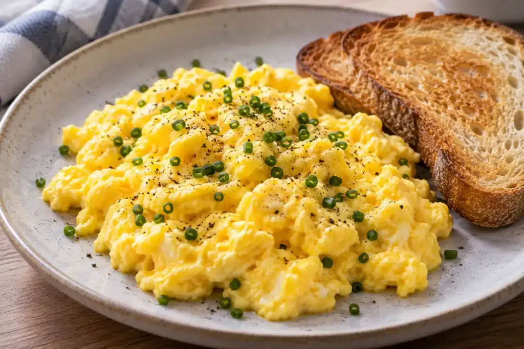 Huevos revueltos con cebollino y tostadas