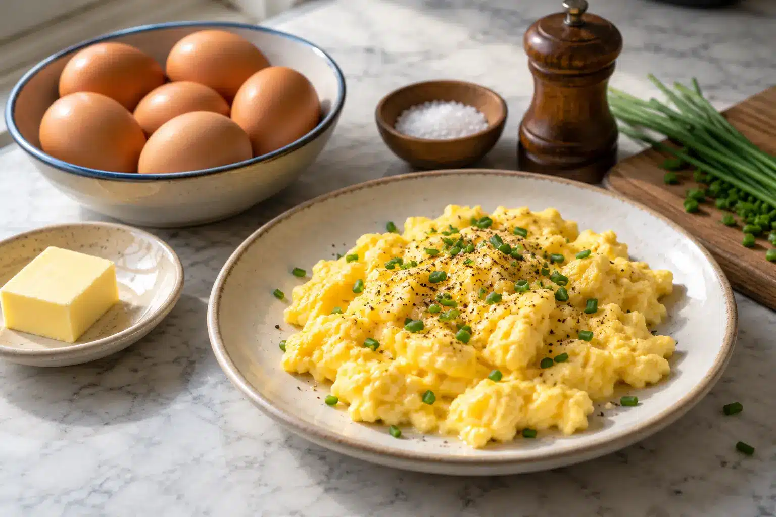 Huevos, mantequilla y condimentos junto al revuelto