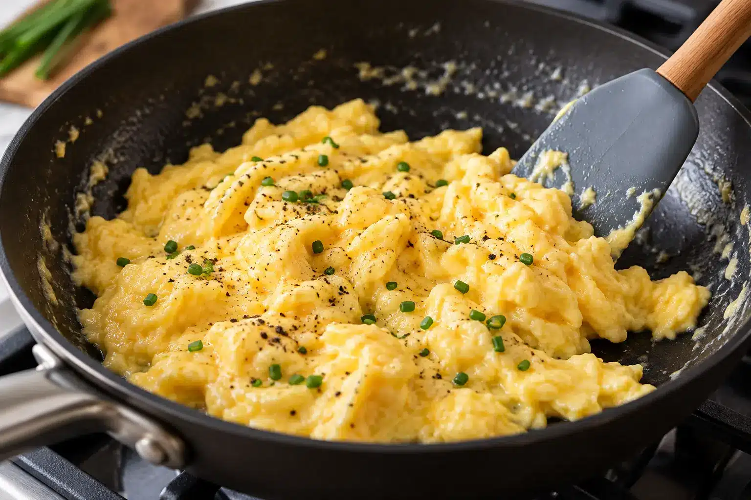 Huevos revueltos cuajados suavemente en la sartén