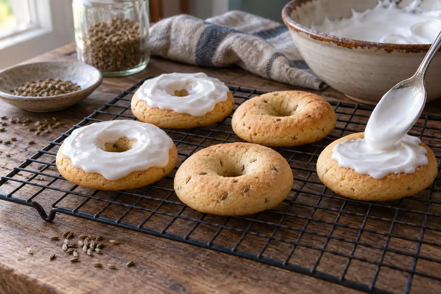 Rosquillas recibiendo la cobertura de merengue