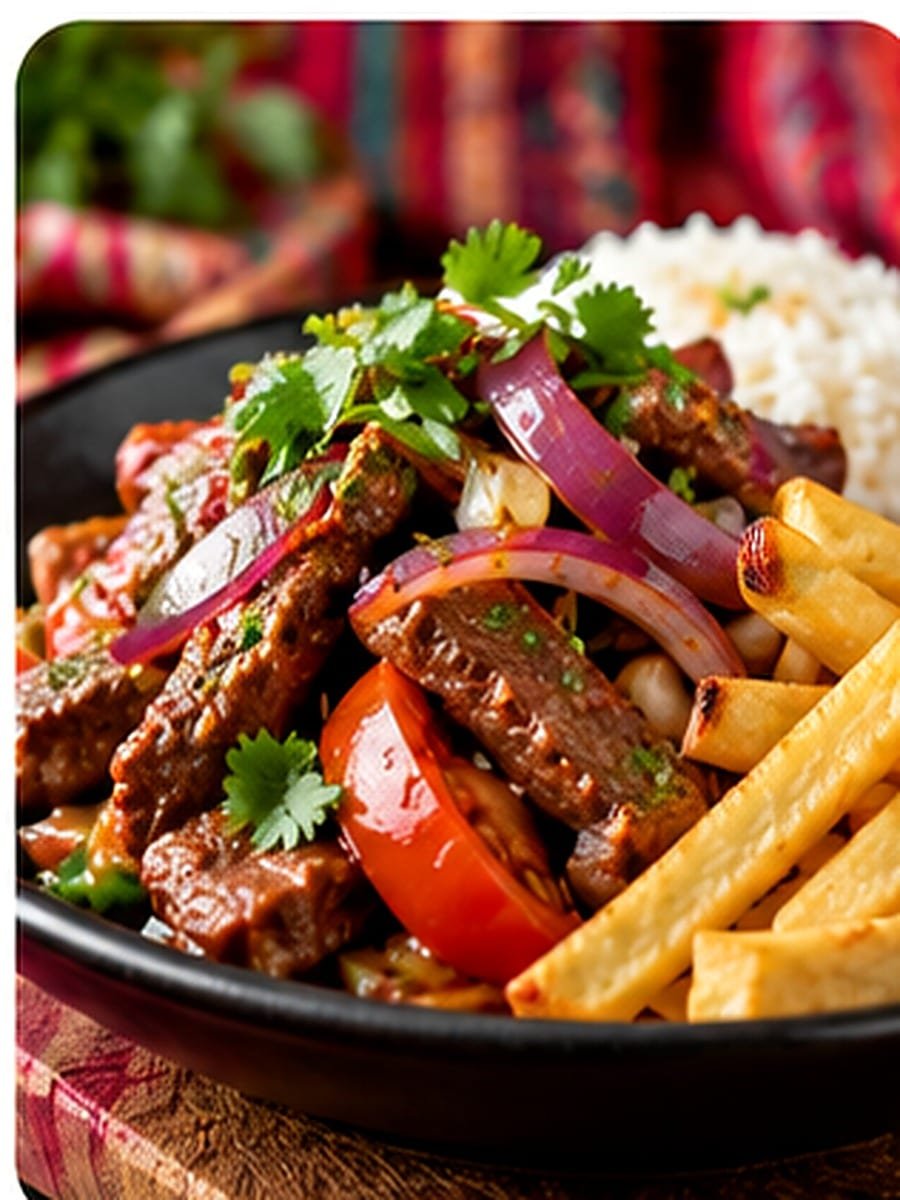 Lomo saltado peruano con cebolla y patatas