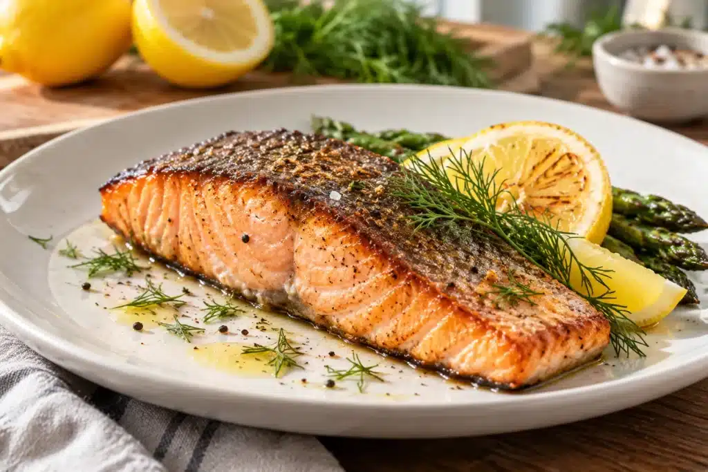 Salmón a la plancha con la piel dorada