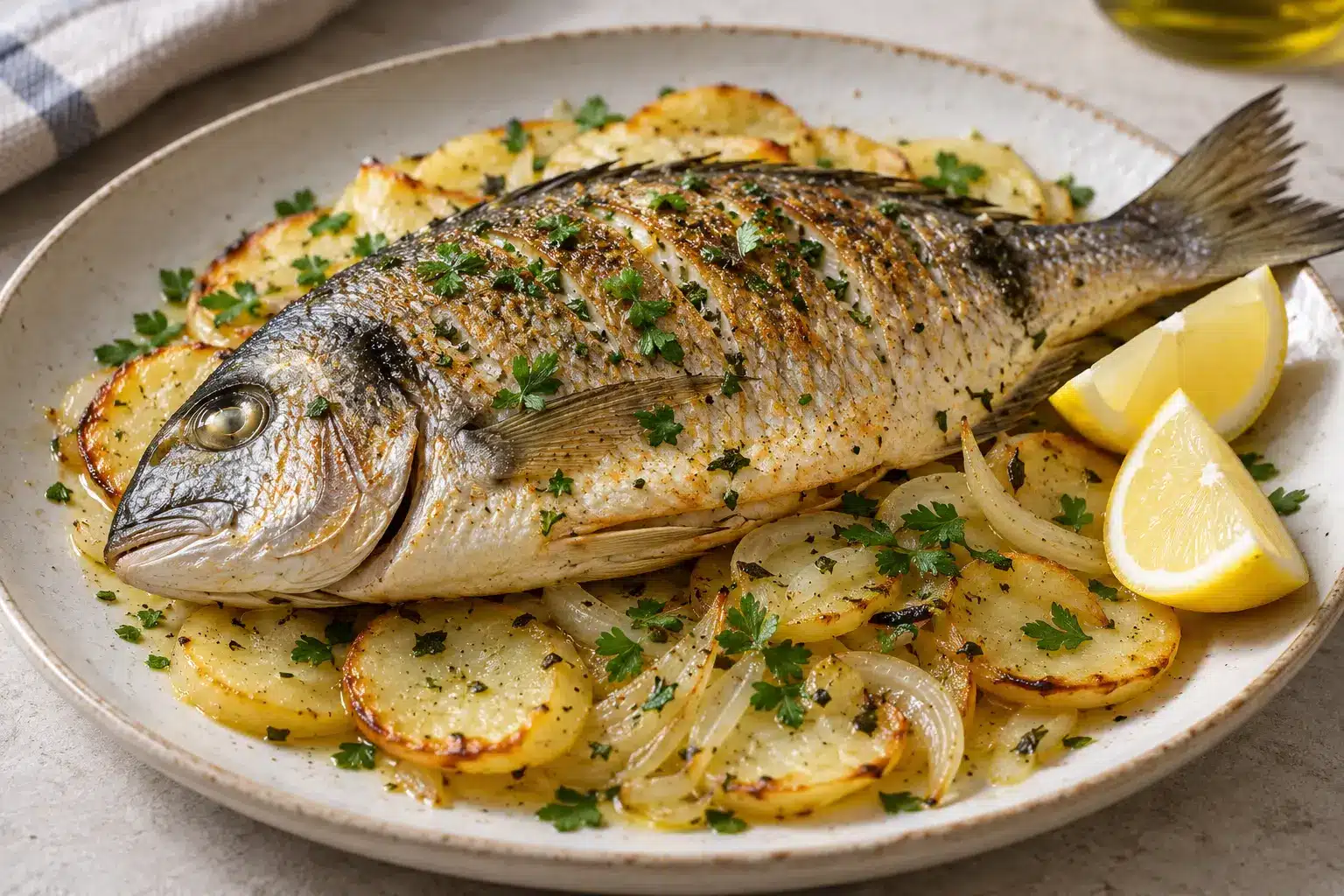 Sargo al horno listo para servir con limón y perejil