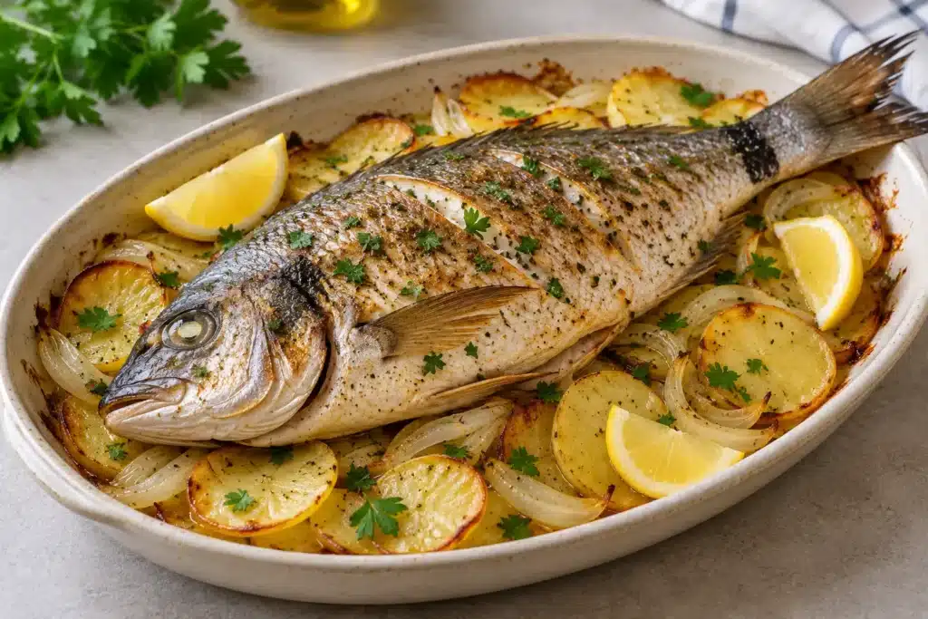 Sargo al horno con patatas y cebolla en una fuente