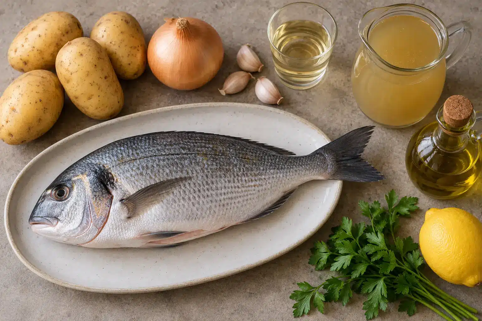Ingredientes del sargo al horno con patatas y cebolla