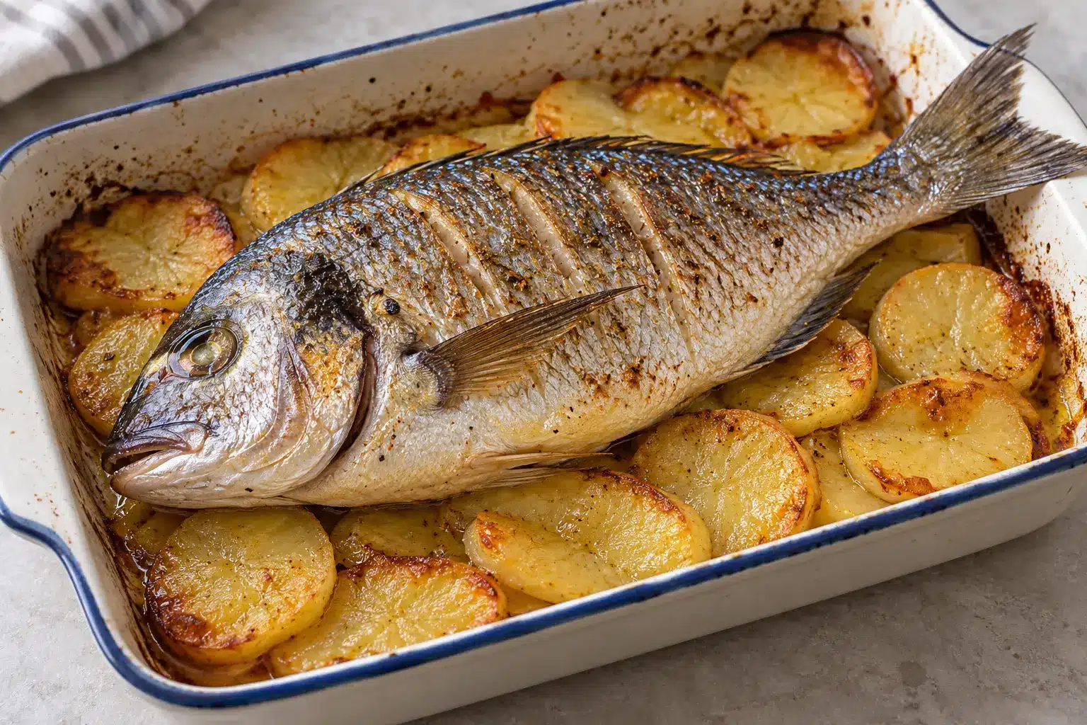 Sargo con patatas al terminar el horneado