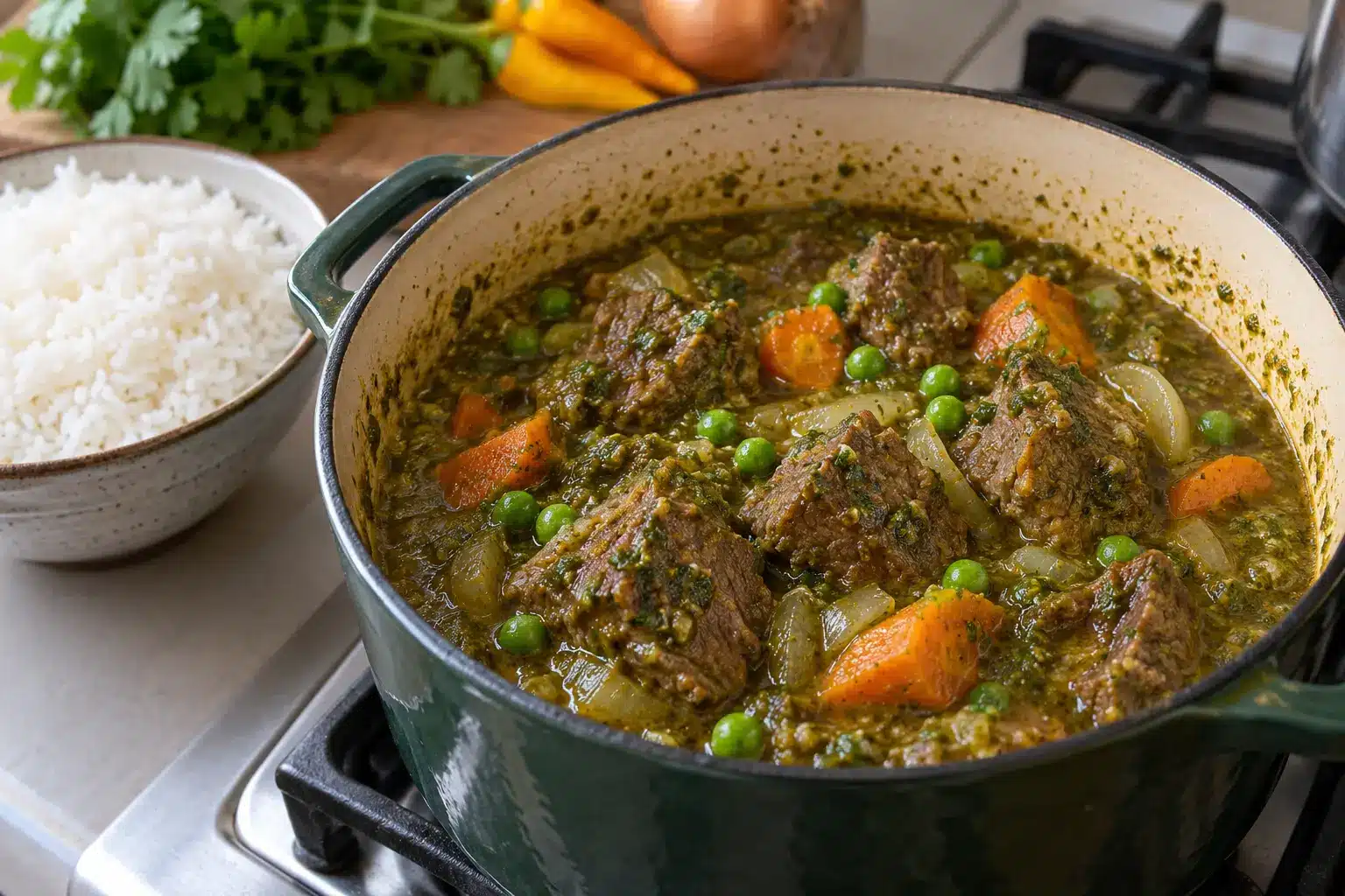 Carne de res guisándose con cilantro, zanahoria y guisantes