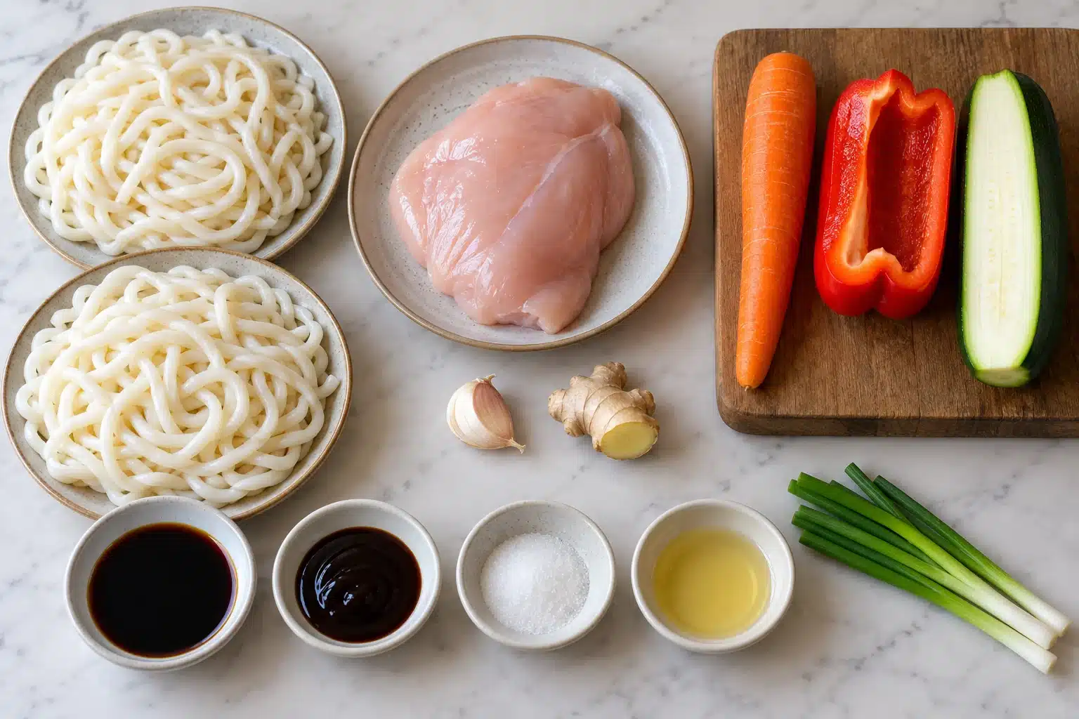 Udon, pollo y verduras para los tallarines Wu Dong