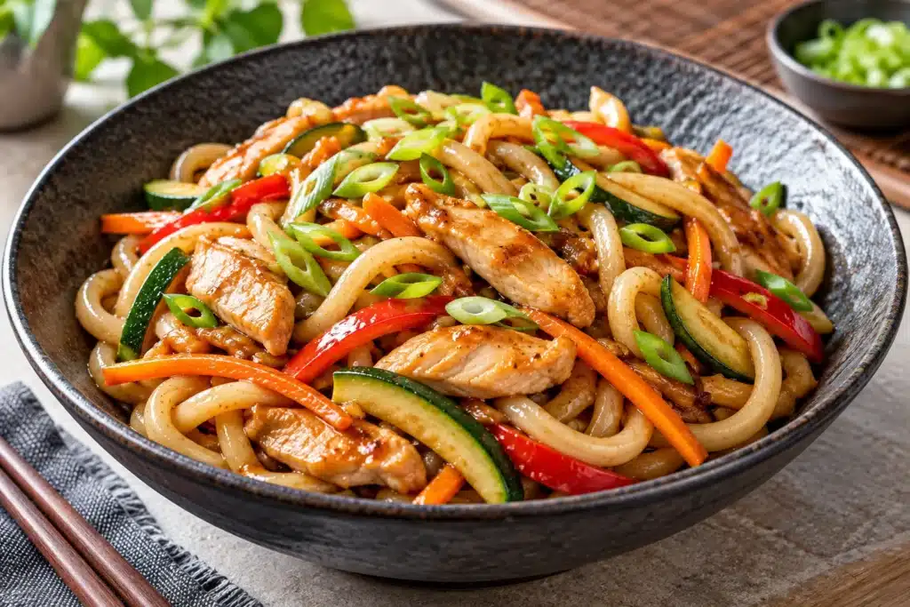 Tallarines Wu Dong con pollo y verduras