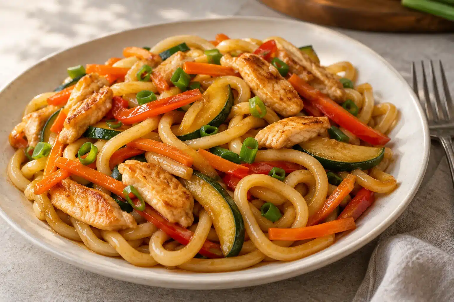 Tallarines Wu Dong salteados con pollo y verduras