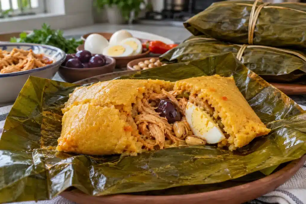 Tamal peruano abierto con relleno de pollo