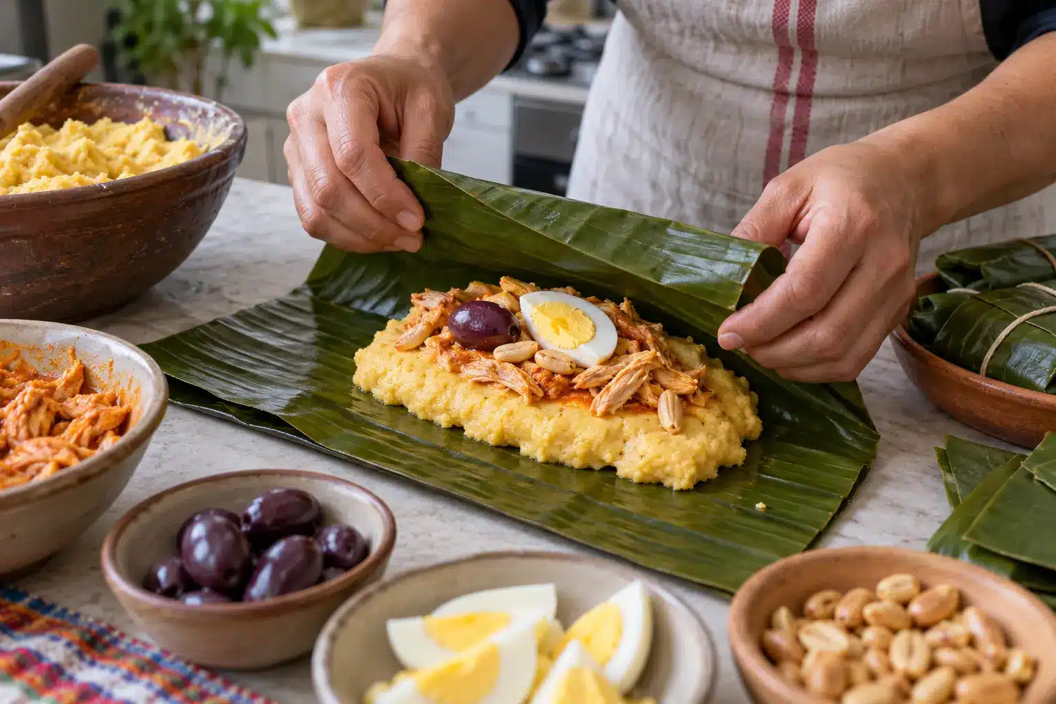 Montaje del tamal con masa de maíz y relleno sobre la hoja