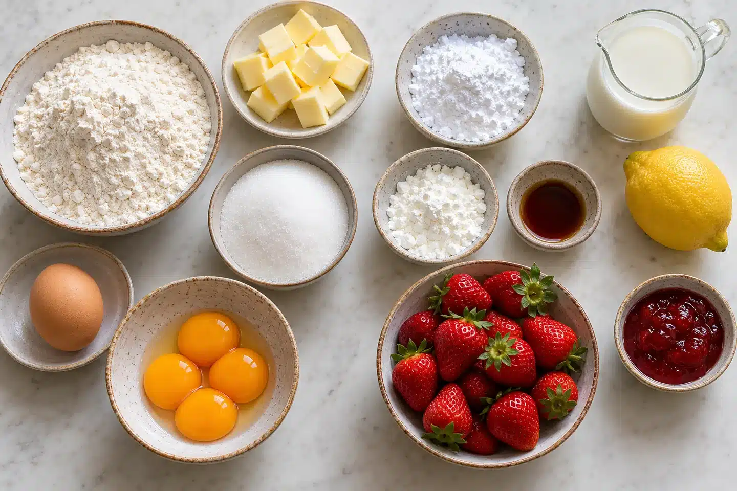 Fresas, harina, mantequilla, huevo, yemas, leche y azúcar para la tarta